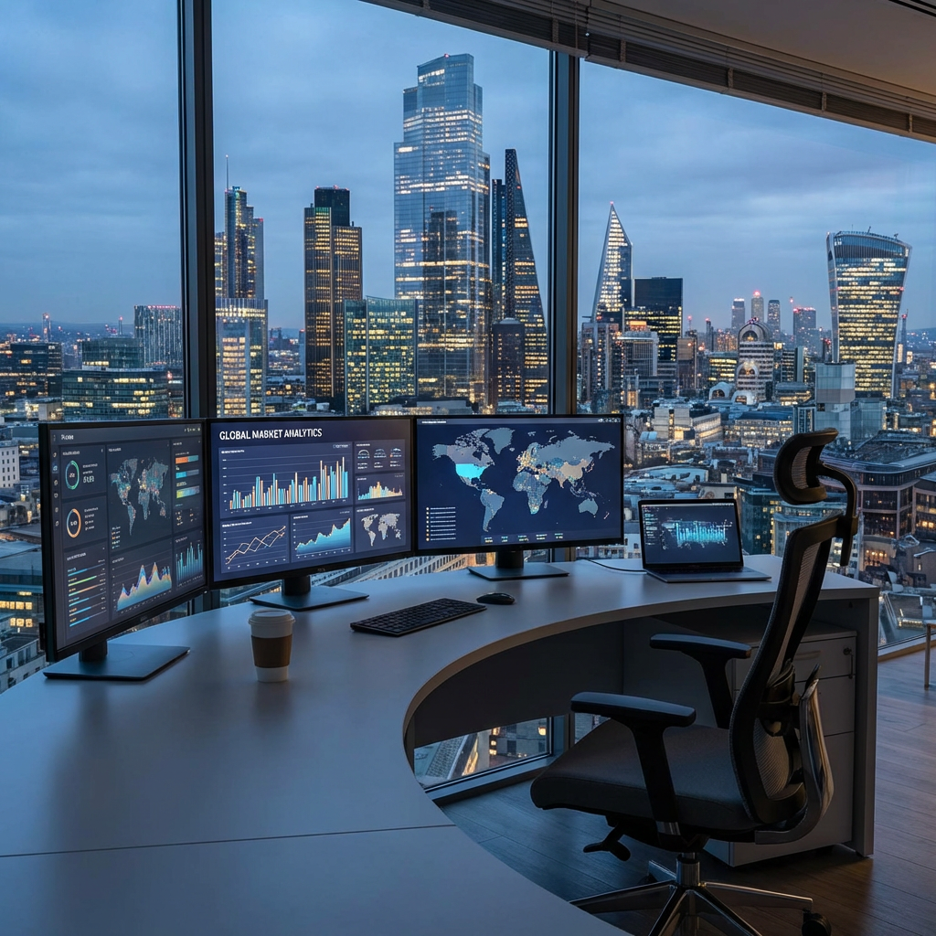 Modern desk setup with three monitors displaying data analytics against a panoramic city skyline at dusk.
